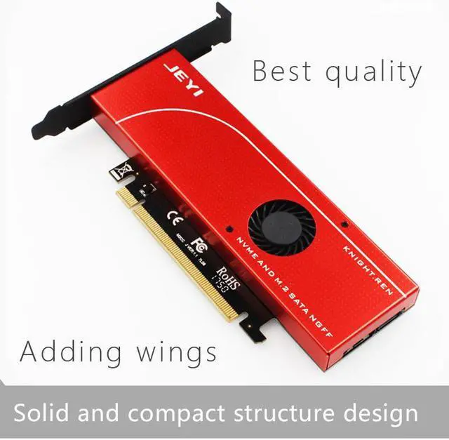 Alt view image 6 of 7 - JEYI KNIGHT Power-Fail Protection PCIE3.0 NVME Adapter x16 Full Speed M.2 add on card Heat sink wafer fan cooling SSD U.2 SSD three-disc expansion card