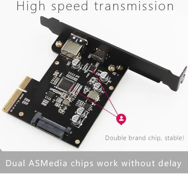Alt view image 4 of 7 - JEYI SEAVAST-8 usb 3.1 C+A Two port pice expansion card start USB3.1 add on card PCIE x2 TYPE C version 3.1 adapter card to ASM1142 ASMEDIA PCIE USB3.1 GEN2 support pic-e X2 X4 X8 X16