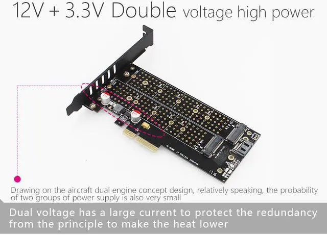 Alt view image 4 of 7 - SK7 Plus M.2 NVMe SSD NGFF TO PCIE3.0 X4 4X adapter M Key B KEY Dual interface card PCI-E3.0 Dual voltage 12V+3.3V SATA U.2+ SeaShark Heat sink heatsink