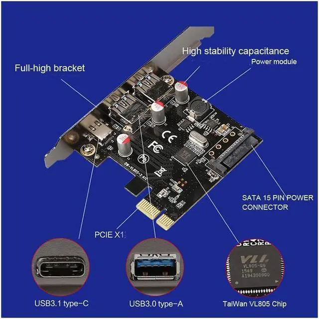 Alt view image 7 of 7 - USB 3.1 Type-C+2 usb 3.0 type-A + SATA 15PIN USB header PCI-e riser Card Desktop PCI Express 1x  USB3.1 usb3.0 Adapter