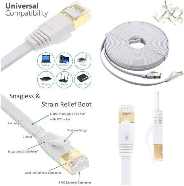 Alt view image 7 of 7 - 3.3FT/6.6FT/10FT/15FT/33FT/49.2FT  CAT7 10 Gigabit 600Mhz Flat Ethernet Shielded (SSTP) Cable Modem Router RG45 LAN Network Cord