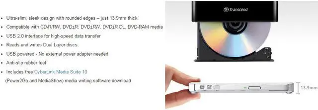 Alt view image 5 of 6 - Transcend 8X External Slim Portable DVD Writer USB TS8XDVDS-K Black