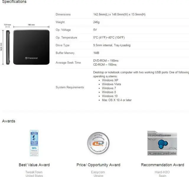 Alt view image 6 of 6 - Transcend 8X External Slim Portable DVD Writer USB TS8XDVDS-K Black
