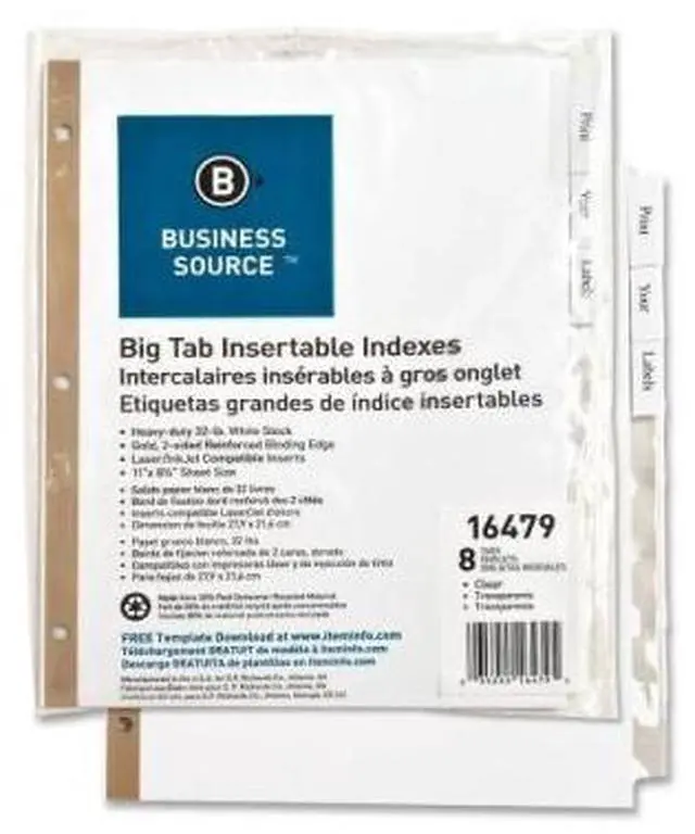 Main image of Business Source Index Dividers 8-Tab 11"x8-1/2" White Stock/Clear Tabs 16479