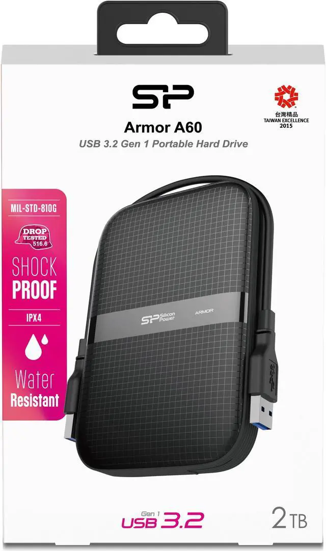 Alt view image 4 of 7 - 2TB Silicon Power Armor A60 Shockproof Portable Hard Drive - USB3.2 - All-Black Edition