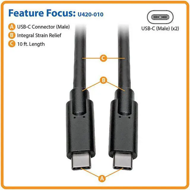 Alt view image 9 of 15 - Tripp Lite USB C to USB Type C Cable 3.1 Gen 1 5 Gbps 3A Rating M/M 10ft U420010