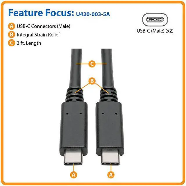 Alt view image 7 of 9 - Tripp Lite U420-003-5A USB-C to USB-C Cable (M/M) - 3.1, 5 Gbps, 5A Rating, Thunderbolt 3 Compatible, 3 ft.