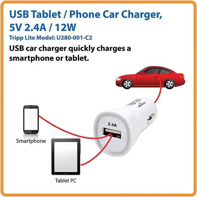 Alt view image 8 of 14 - Tripp Lite U280-001-C2 White USB Tablet / Phone Car Charger, 5V / 2.4A