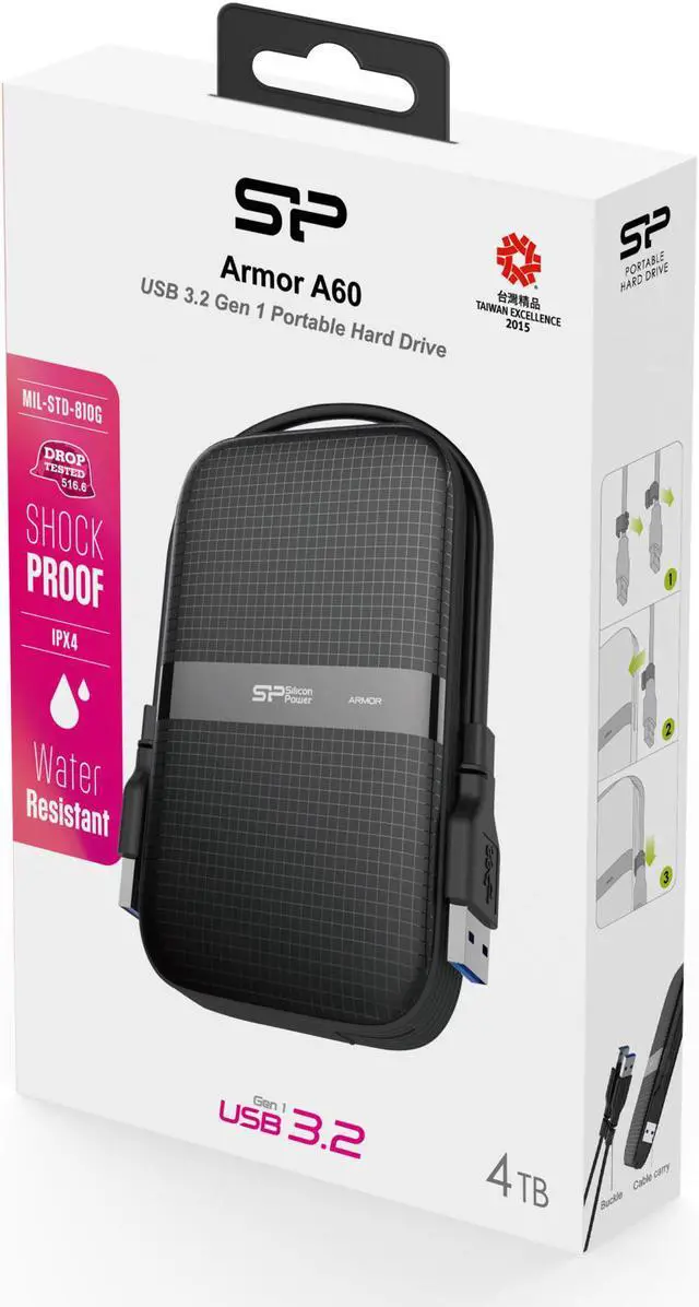 Alt view image 4 of 4 - 4TB Silicon Power Armor A60 Shockproof Portable Hard Drive - USB3.2 - All-Black Edition