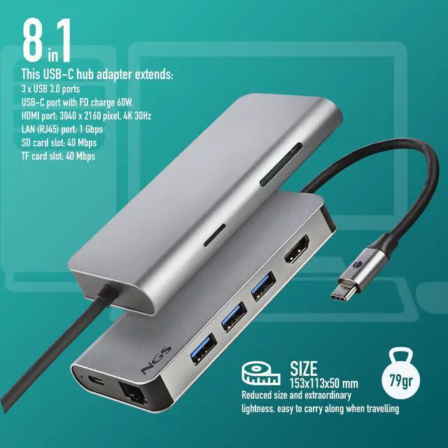 Alt view image 5 of 5 - NGS 8 TO 1 USB-C Multiport Adapter, WONDERDOCK8