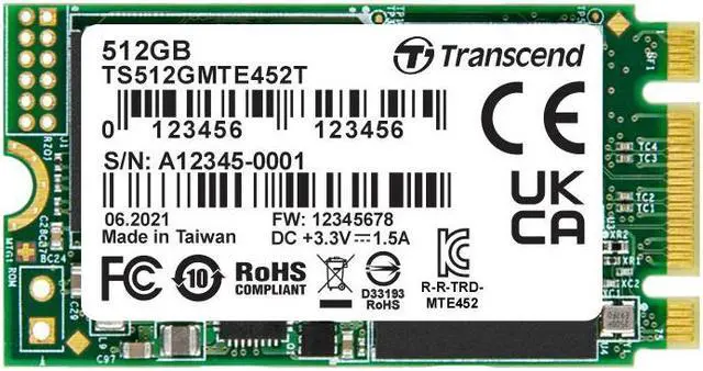 Alt view image 6 of 8 - Transcend For commercial / industrial embedding M.2 2242 PCIe Gen3x2 512GB M-Key 3KPE cycle 3D TLC NAND adoption High durability TS512GMTE452T