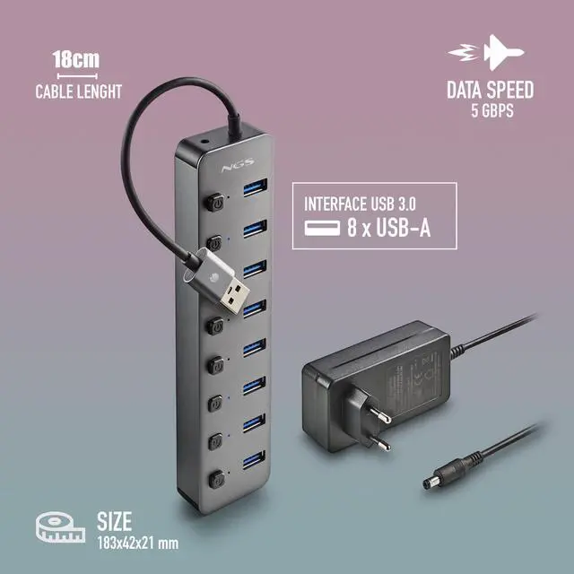 Alt view image 5 of 5 - NGS IHUB8, 8 Ports USB 3.0 Hub with Power Adapter 5V/3A