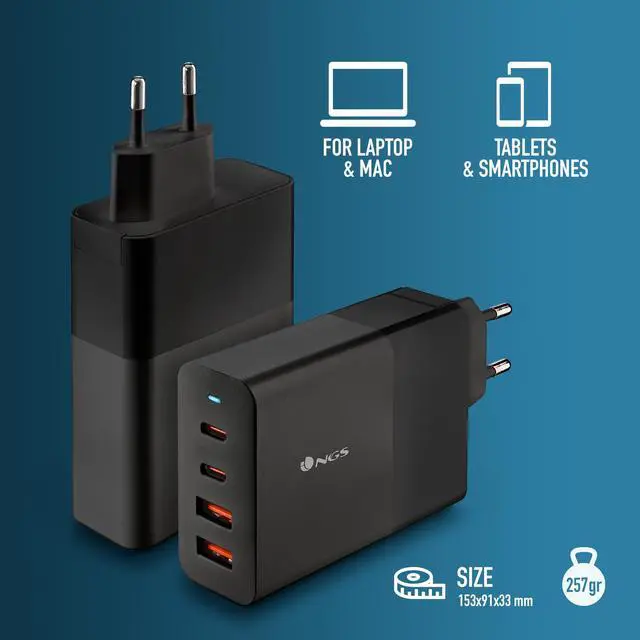 Alt view image 3 of 5 - NGS Bud 100W USB-C + USB-A Power Adapter for Phones, Tablets & Laptops, EU Plug