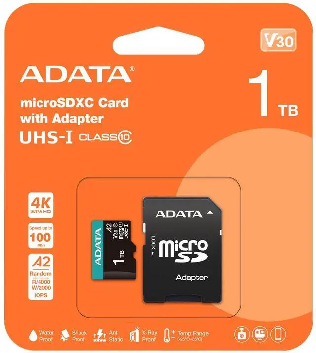 Alt view image 3 of 3 - 1TB AData Premier Pro microSDXC CL10 UHS-I U3 V30 A2 Memory Card with SD Adapter