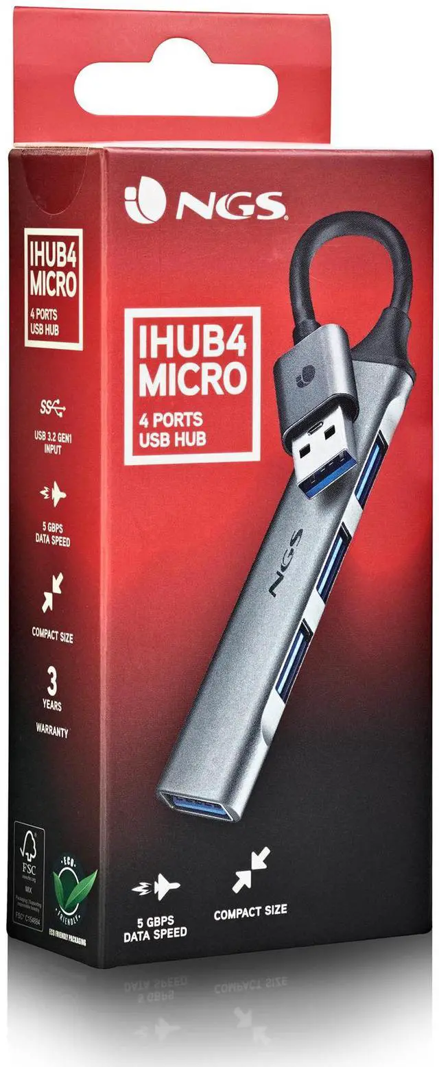 Alt view image 5 of 5 - NGS iHub 4 Micro, Mini USB Hub 1x USB 3.2 Gen and 3x USB 2.0, Silver
