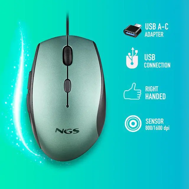 Alt view image 5 of 5 - NGS Moth Ice, Wired Ergonomic Silent Mouse with USB-C Adapter, Green
