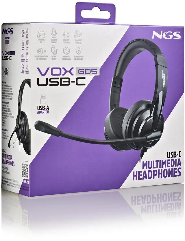 Alt view image 5 of 5 - NGS VOX605 USB-C Stereo Headset with Volume Control and USB Adapter, Black