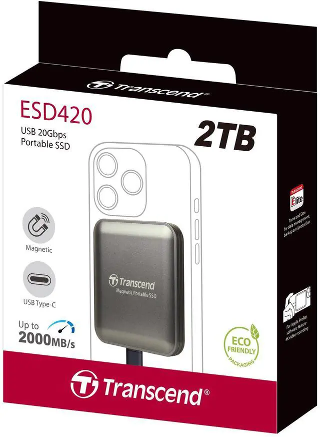 Alt view image 2 of 5 - 2TB Transcend ESD420 Portable Magnetic SSD USB 20Gbps Type-C Magsafe (Iron Grey)