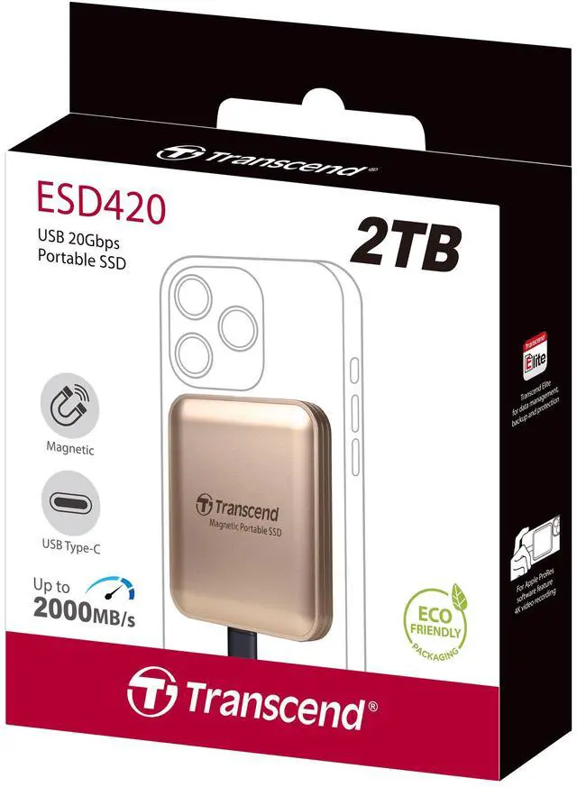 Alt view image 2 of 5 - 2TB Transcend ESD420 Portable Magnetic SSD USB 20Gbps Type-C Magsafe (Champagne Gold)