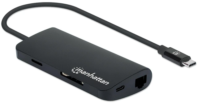 Main image of Manhattan USB-C Dock/Hub with Card Reader, Ports (x5): Ethernet, USB-A (3) and USB-C, 5 Gbps (USB 3.2 Gen1 aka USB 3.0), With Power Delivery (100W) to USB-C Port (Note additional USB-C wall charger