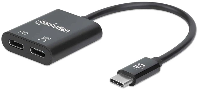 Main image of Manhattan USB-C to USB-C Audio Adapter and USB-C (inc Power Delivery) (Clearance Pricing), Black, 480 Mbps (USB 2.0), Cable 11cm, With Power Delivery to USB-C Port (60W), Three Year Warranty,