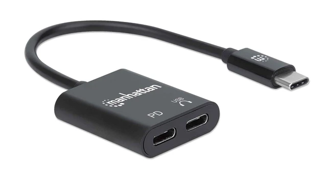 Alt view image 2 of 4 - Manhattan USB-C to USB-C Audio Adapter and USB-C (inc Power Delivery) (Clearance Pricing), Black, 480 Mbps (USB 2.0), Cable 11cm, With Power Delivery to USB-C Port (60W), Three Year Warranty,