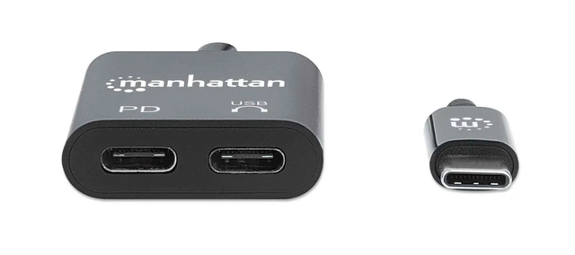 Alt view image 3 of 4 - Manhattan USB-C to USB-C Audio Adapter and USB-C (inc Power Delivery) (Clearance Pricing), Black, 480 Mbps (USB 2.0), Cable 11cm, With Power Delivery to USB-C Port (60W), Three Year Warranty,
