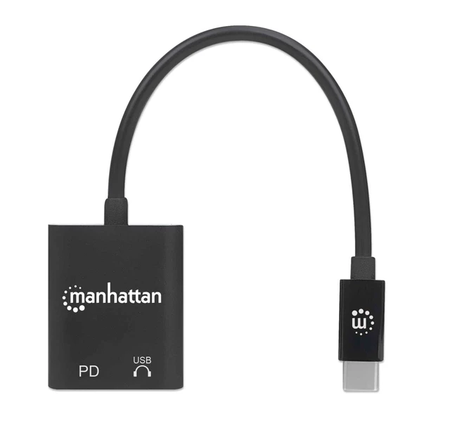 Alt view image 4 of 4 - Manhattan USB-C to USB-C Audio Adapter and USB-C (inc Power Delivery) (Clearance Pricing), Black, 480 Mbps (USB 2.0), Cable 11cm, With Power Delivery to USB-C Port (60W), Three Year Warranty,