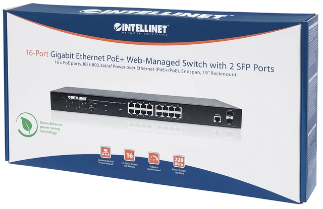 Alt view image 11 of 11 - Intellinet 16-Port Gigabit Ethernet PoE+ Web-Managed Switch with 2 SFP Ports | IEEE 802.3at/af Power over Ethernet (PoE+/PoE) Compliant, 220 W, Self-Healing Network, Endspan, 19" Rackmount