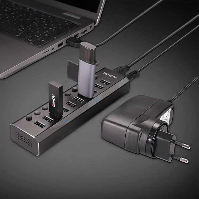Alt view image 9 of 9 - Lindy 10 Port USB 3.0 Hub with On/Off Switches USB 3.2 Gen 1 (3.1 Gen 1) Type-B 5000 Mbit/s Black 43370