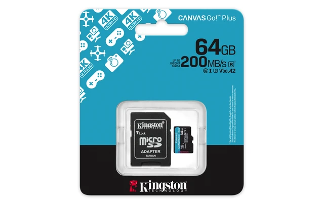 Alt view image 10 of 10 - Kingston 64GB microSDXC Canvas Go Plus Gen4 200MB/s A2 U3 V30 Card + Adapter
