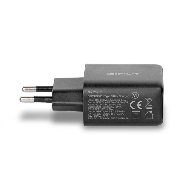 Alt view image 3 of 5 - Lindy 65W USB 2 x Type C GaN Charger