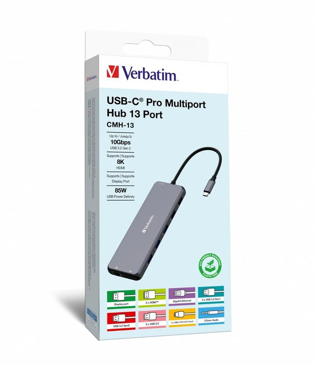 Alt view image 20 of 20 - Verbatim USB-C Pro Multiport Hub CMH 13 - 13 Ports - for Monitor/Headphone/Speaker - Charging Capability - Memory Card Reader - SD, microSD - USB Type C - 3 Displays Supported - 4K, 8K - 38