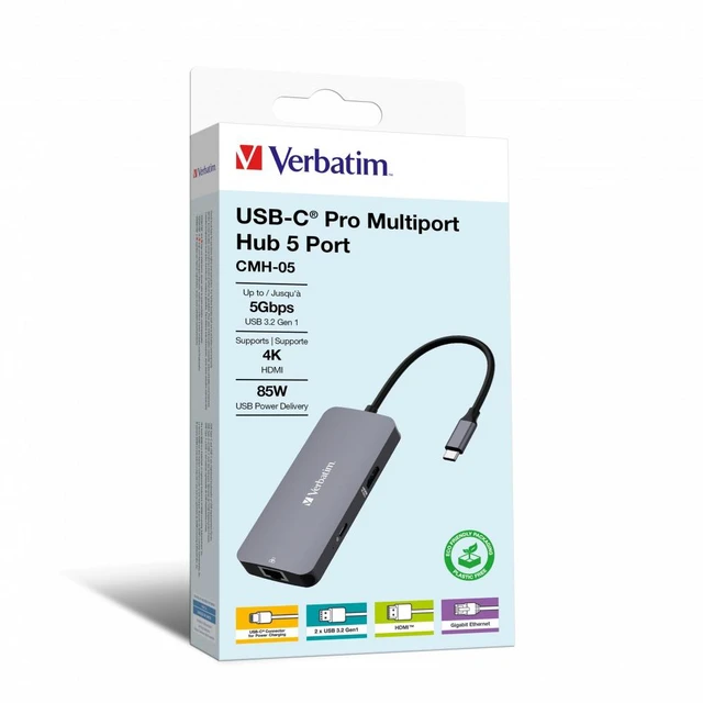 Alt view image 20 of 20 - Verbatim USB-C Pro Multiport Hub CMH 05 - 5 Ports - for Notebook/Monitor/Desktop PC - Charging Capability - USB Type C - 4K - 3840 x 2160 - 3 x USB Ports - 2 x USB Type-A Ports - USB Type-A