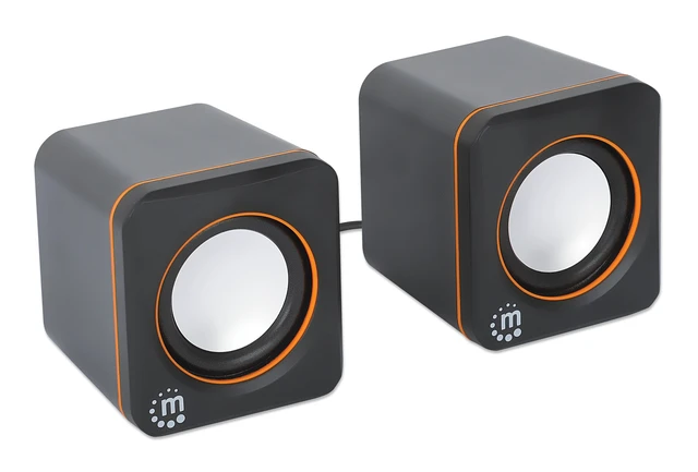 Alt view image 2 of 5 - Manhattan 2600 Series Speaker System, Two Speakers, Black/Orange, USB for Stereo Audio and Power, Output: 2x 3W, Decent Sound, Integrated rotary volume control, USB-C/USB-A Adapter, Cable 1.4m, Three