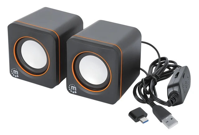Alt view image 5 of 5 - Manhattan 2600 Series Speaker System, Two Speakers, Black/Orange, USB for Stereo Audio and Power, Output: 2x 3W, Decent Sound, Integrated rotary volume control, USB-C/USB-A Adapter, Cable 1.4m, Three