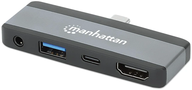 Main image of Manhattan USB-C Travel Dock/Hub, Ports (x4): HDMI, USB-A, USB-C and 3.5mm audio, With Power Delivery (100W) to USB-C Port, USB powered (no external power supply required)