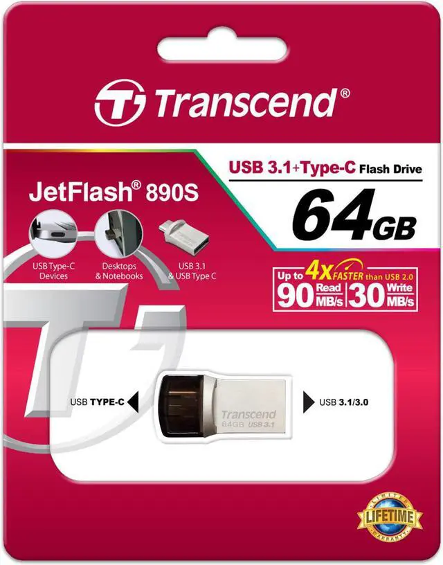 Alt view image 5 of 10 - 64GB Transcend JetFlash 890S OTG Flash Drive with USB3.1 and USB Type-C Connectors