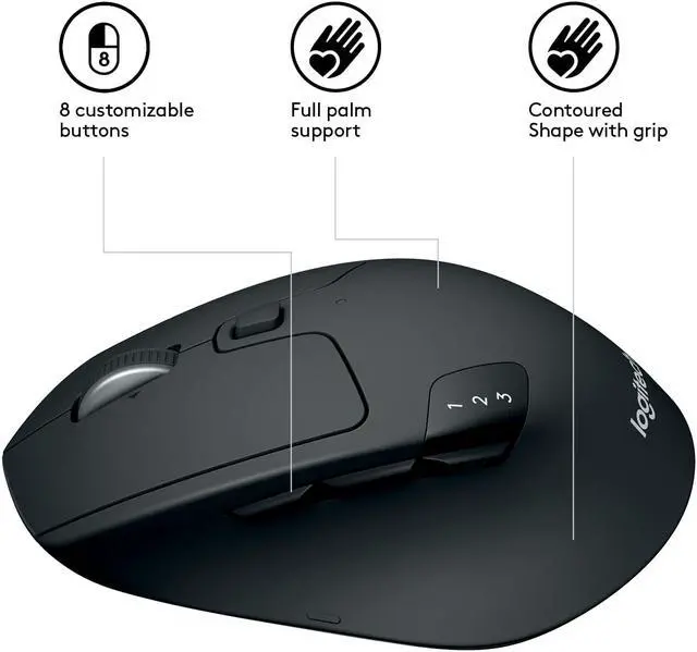 Alt view image 7 of 14 - Logitech M720 Triathlon - Mouse - right-handed - optical - 7 buttons - wireless - Bluetooth, 2.4 GHz - USB wireless rece