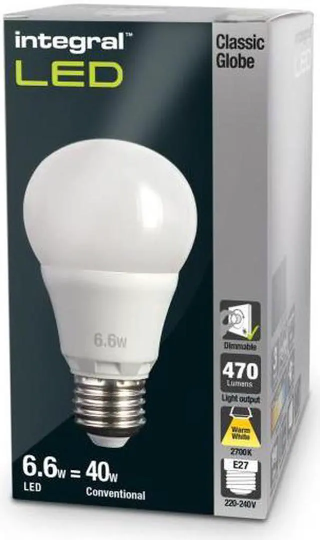 Alt view image 3 of 3 - Integral LED Classic Globe GLS 6.6W/40W 2700K 470lm E27 Edison Screw Dimmable Lamp ILA60E27O6.6D27KBEWA