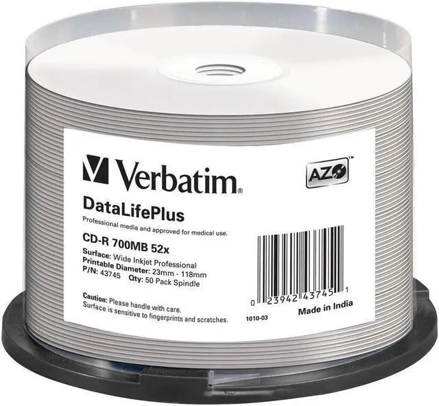 Main image of Verbatim DataLifePlus 700MB 52X CD-R Printable 50 Packs Spindle Disc Model 43745