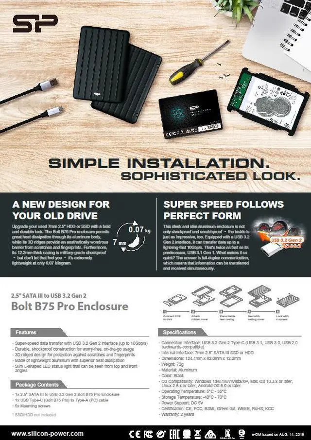 Alt view image 3 of 3 - Silicon Power Bolt B75 Pro USB3.2 Gen 2 Type-C HDD/SSD Enclosure Black