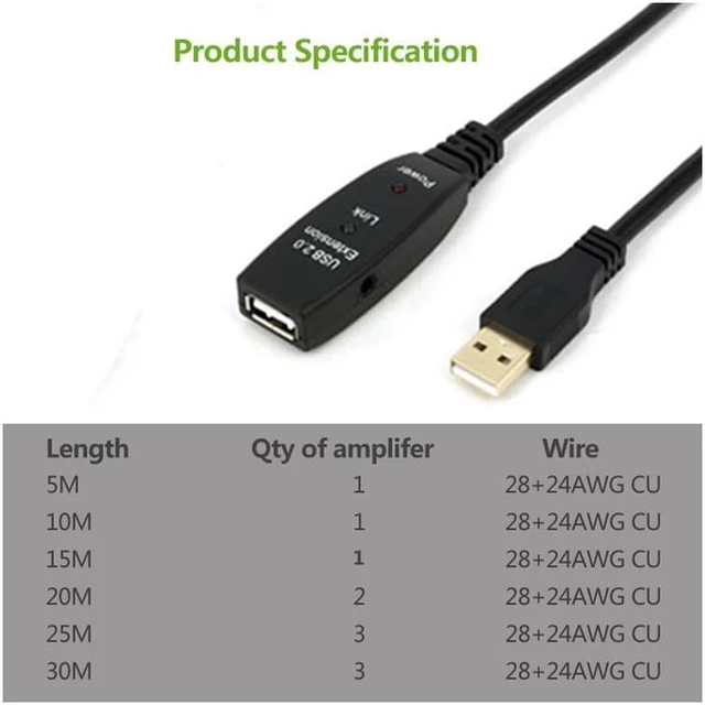 Alt view image 3 of 7 - USB Extension Cable, USB2.0 Active Repeater A Male to A Female Long Cables With Signal Booster,Active USB 2.0 Extension Amplifier Cable Connect Pc,65.6ft/20m