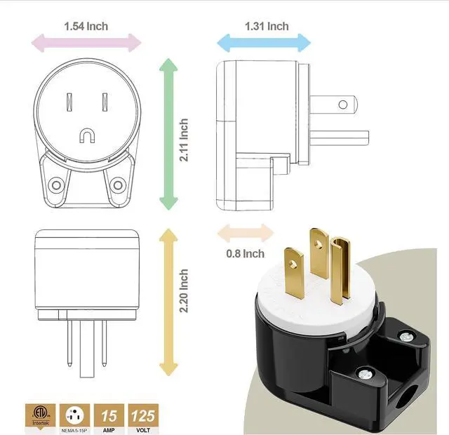 Alt view image 3 of 6 - Right Angle Nema 5-15P US 3 Prong Plug Electrical Adapter , ETL Easy Assembly 90 Degree Angle USA Canada Male DIY Rewirable Power Plug, 12 Directions Adjustable AC Connector Power Converter