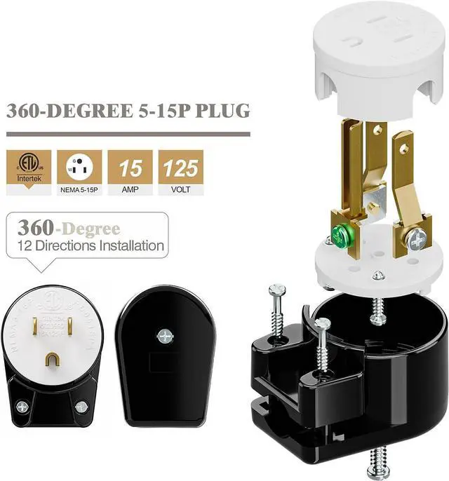 Alt view image 6 of 6 - Right Angle Nema 5-15P US 3 Prong Plug Electrical Adapter , ETL Easy Assembly 90 Degree Angle USA Canada Male DIY Rewirable Power Plug, 12 Directions Adjustable AC Connector Power Converter