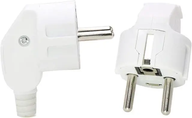 Main image of (2 Pack) White Euro Schuko French Germany 4.8mm Pin DIY Rewireable Power Plug Power Converters, Europlug Receptacles, 90 degree Angle European Cee7 Adapter, White Elbow Plug