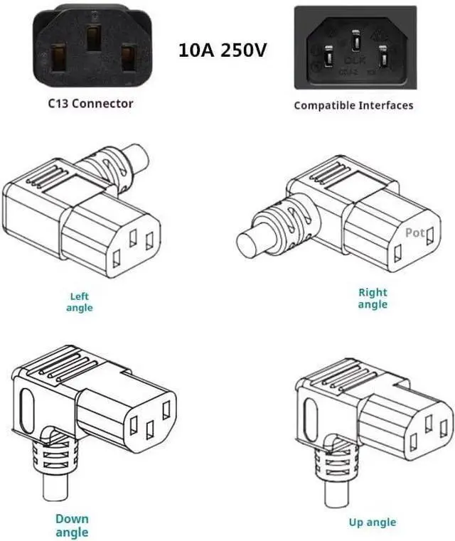 Alt view image 6 of 7 - NEMA 5-15P to C13 Elbow Plug Power Cord PC,USA Standard 3 Prong Plug to 90-Degree Up Angle C13 Power Cord PC, IEC Power Cable Computer Power Cable,18AWG,6ft/1.8m