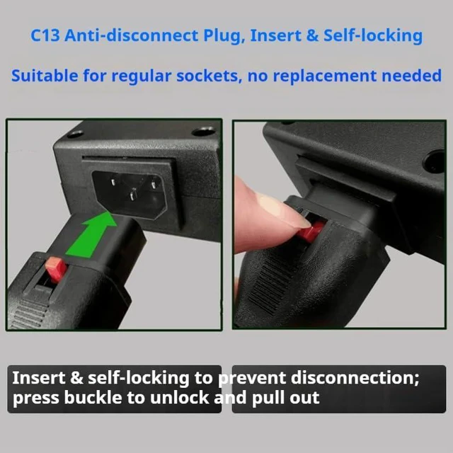 Alt view image 5 of 7 - Tekit C14 to Locking C13 IEC Lock Power Cord Plug, IEC320 C14 to C13 with Lock 10A/250V, Computer Power Extension Cable Replacement,C13 C14 Cable,16AWG,6ft/1.8m ,Black