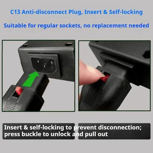 Alt view image 5 of 6 - Tekit C14 to Locking C13 IEC Lock Power Cord Plug, IEC320 C14 to C13 with Lock 10A/250V, Computer Power Extension Cable Replacement,C13 C14 Cable,16AWG,3ft/1m ,Red