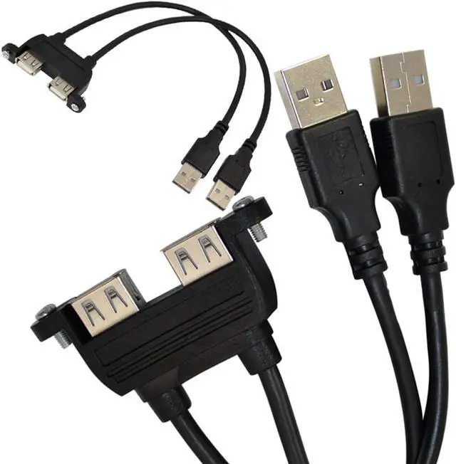Main image of Dual USB 2.0 A Female Socket Panel Mount to 2 USB A Male Extension Cable,25cm/10inch
